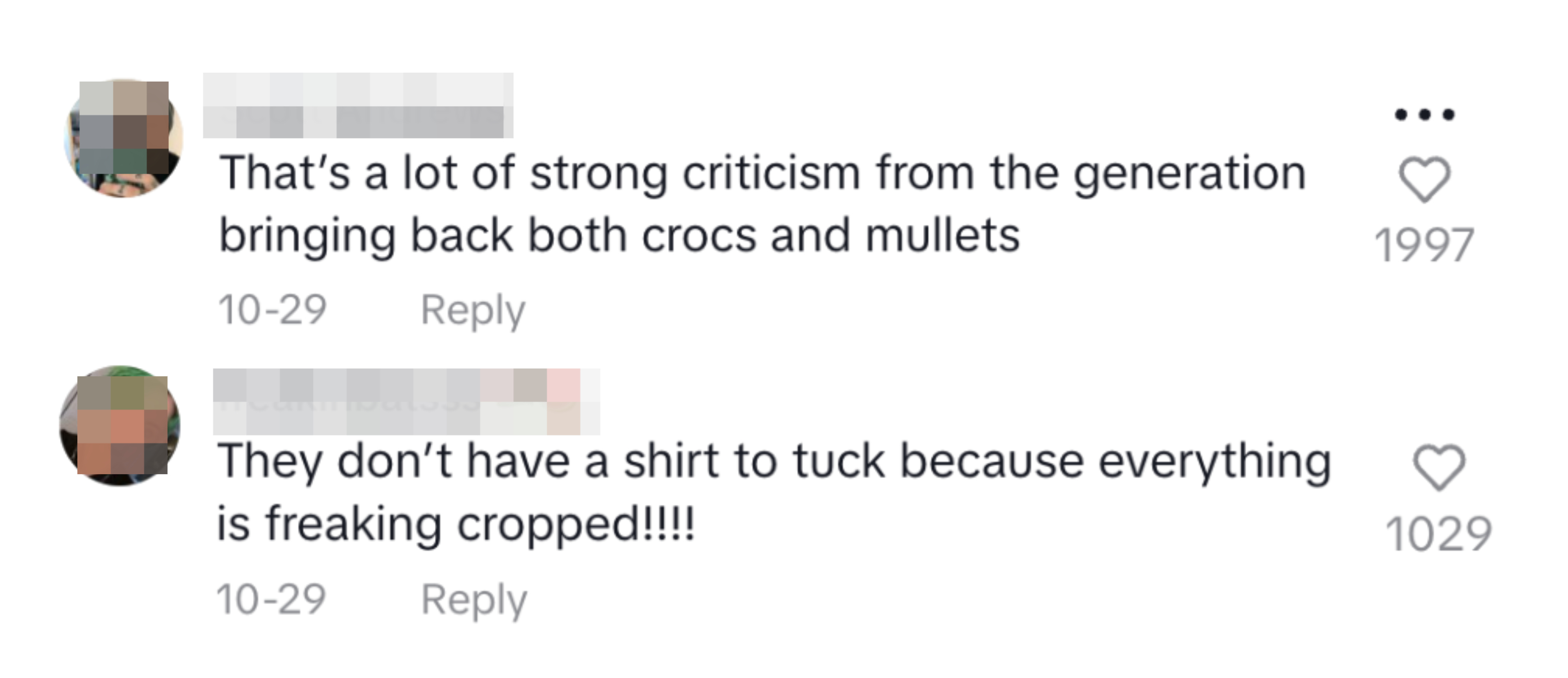 Millennials bashing on Gen Z for wearing crocs, mullets, and cropped shirts