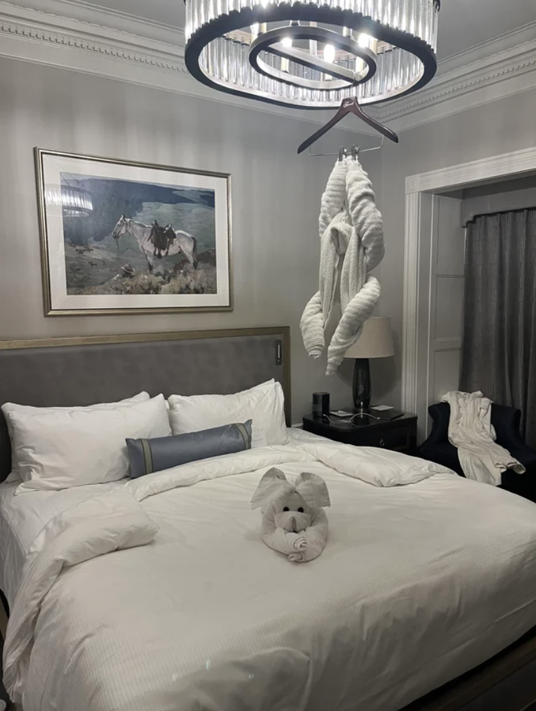 Towels tied into knots and attached to a hanger hanging from a chandelier above the bed, which has a &quot;towel animal&quot; resting on it and looking at the camera