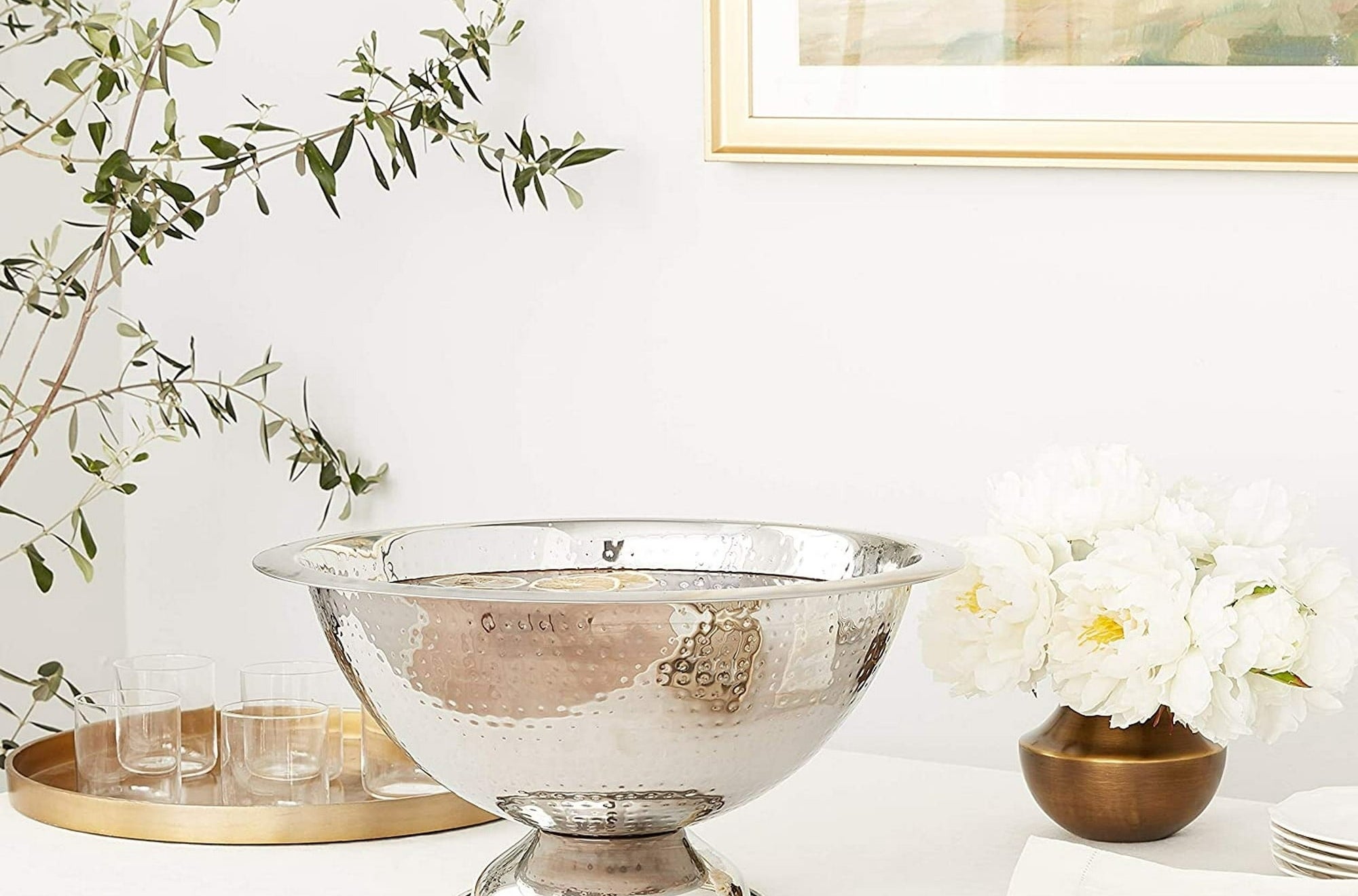 the hammered punch bowl on a counter