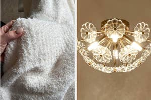to the left: a soft white blanket, to the right: a floral light fixture