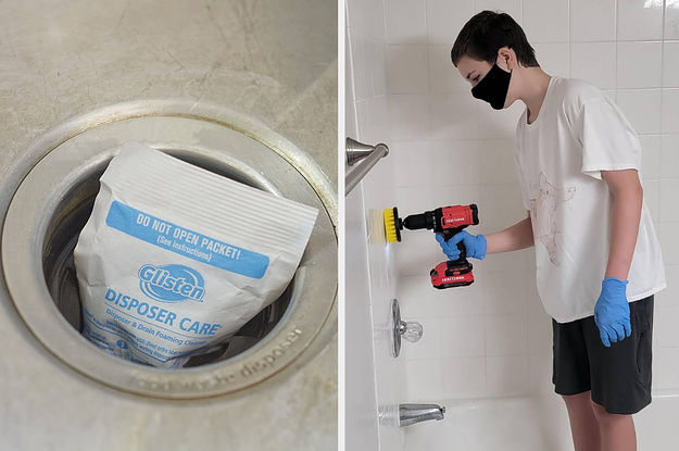Garbage disposal cleaner packet in disposal / a reviewer's son in the bath tub using the drill brush on the shower wall