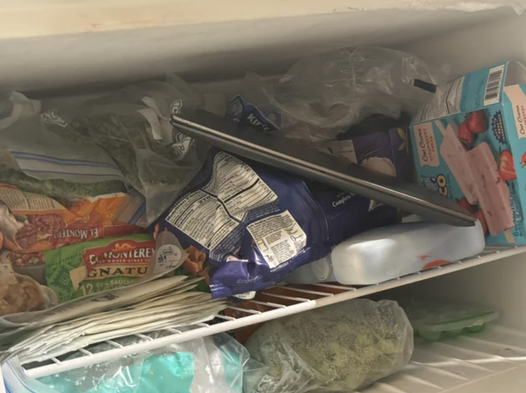 a laptop in the freezer
