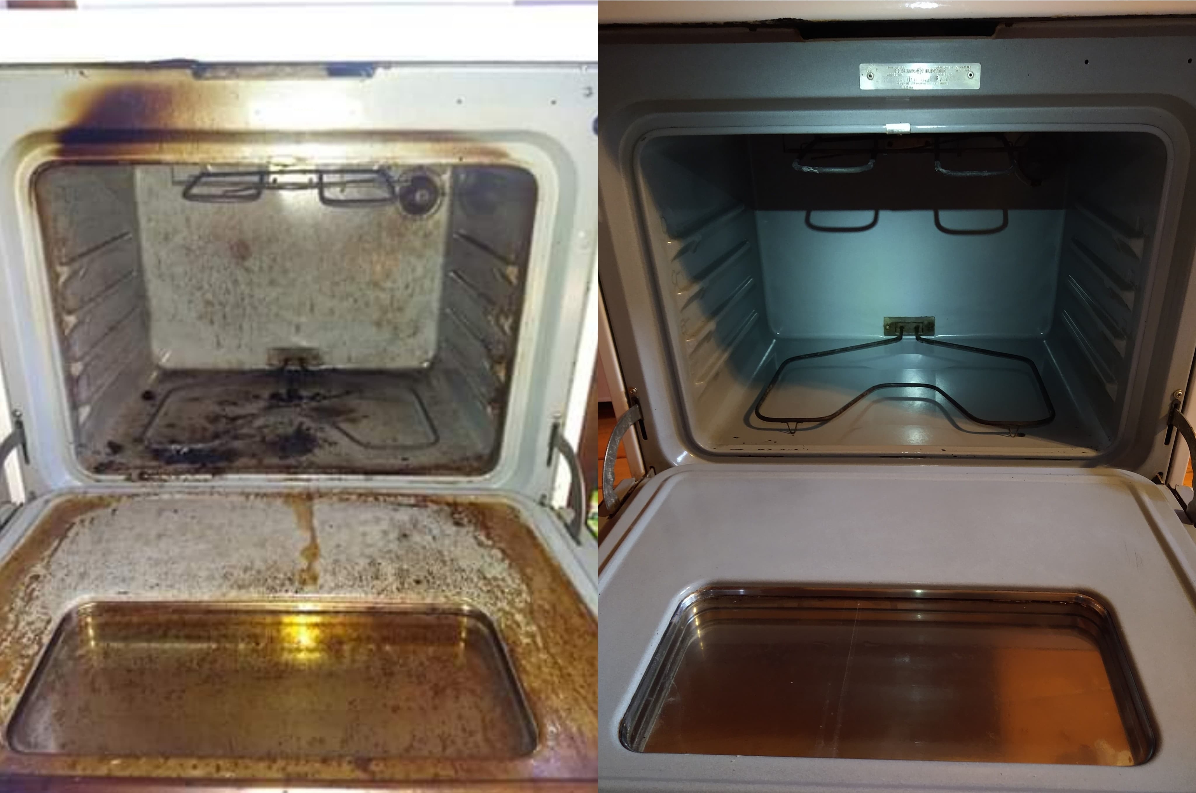 before and after photos of a dirty vs. clean oven