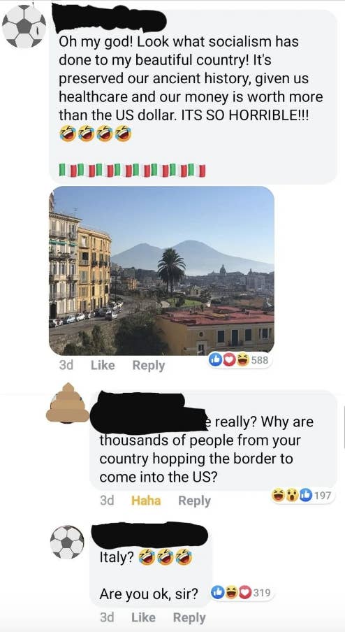 someone praising Italy and another responds: why are thousands of people from your country hopping the border to come into the US?