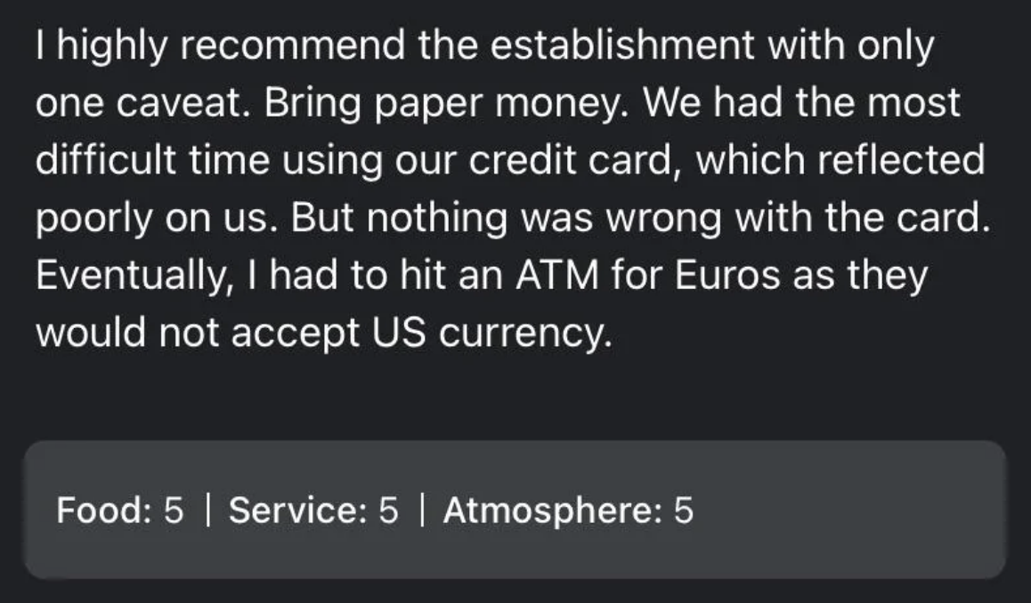 &quot;I had to hit an ATM for Euros&quot;