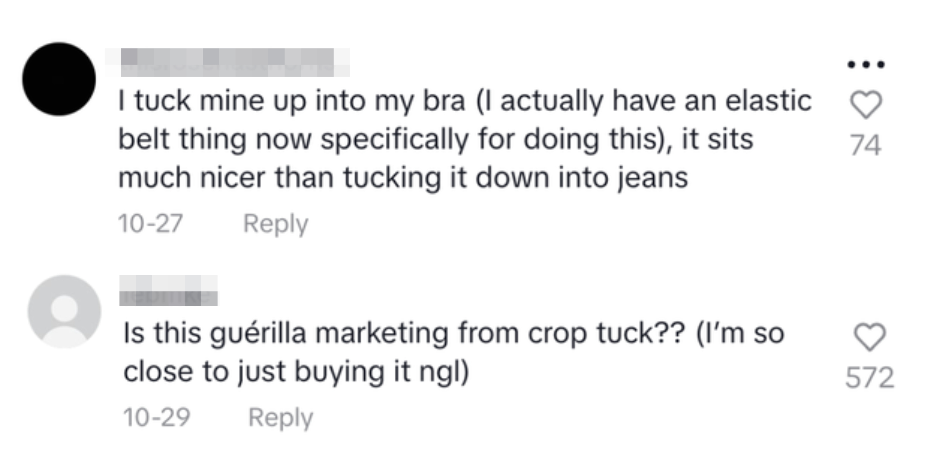 Commenters talking about the crop tuck
