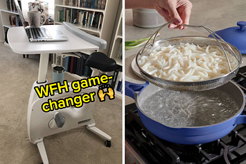 stationary bike with desktop and text "wfh game-changer" and the our place Always Pa