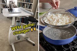 stationary bike with desktop and text "wfh game-changer" and the our place Always Pa