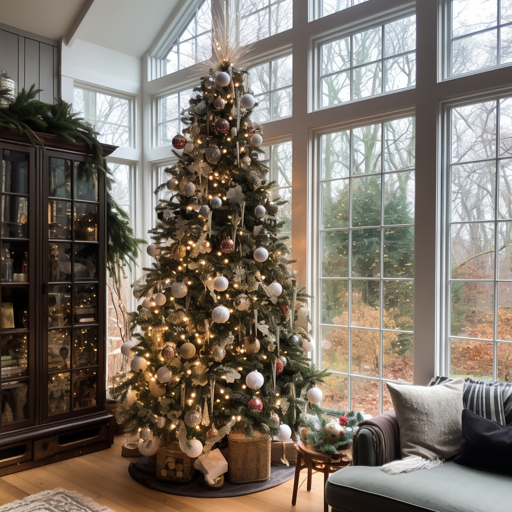 A classy Christmas tree in the corner of a living room next to windows covered in warm lights, bulb ornaments, and icicle-like ornaments with a bright star on top and a tree skirt and a few presents underneath