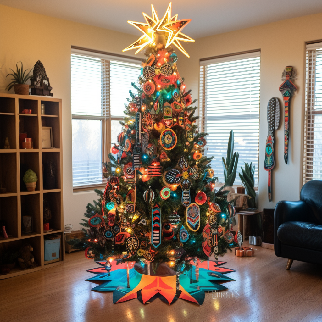A small-ish Christmas tree that&#x27;s covered in colorful lights and ornaments with geometric prints with a double star-like topper and a jagged tree skirt underneath it