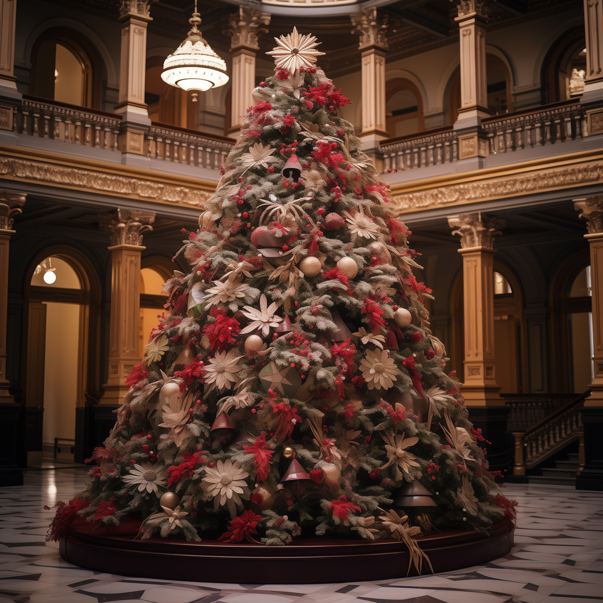 A tall, grand Christmas tree in the middle of a fancy building that&#x27;s covered in floral decorations and bell ornaments with a star on top