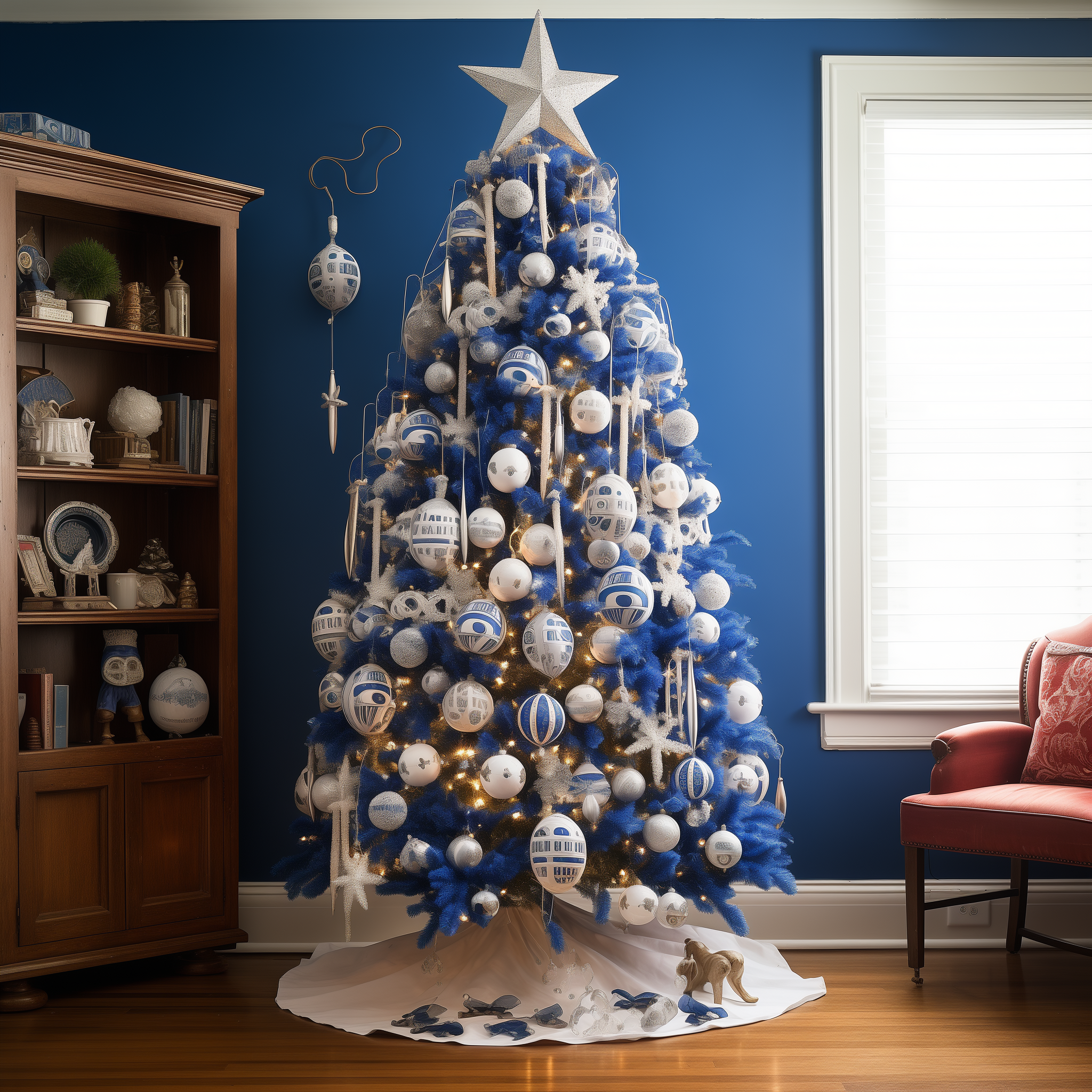 A blue Christmas tree covered in various bulb ornaments and icicle-like decorations with a star on top