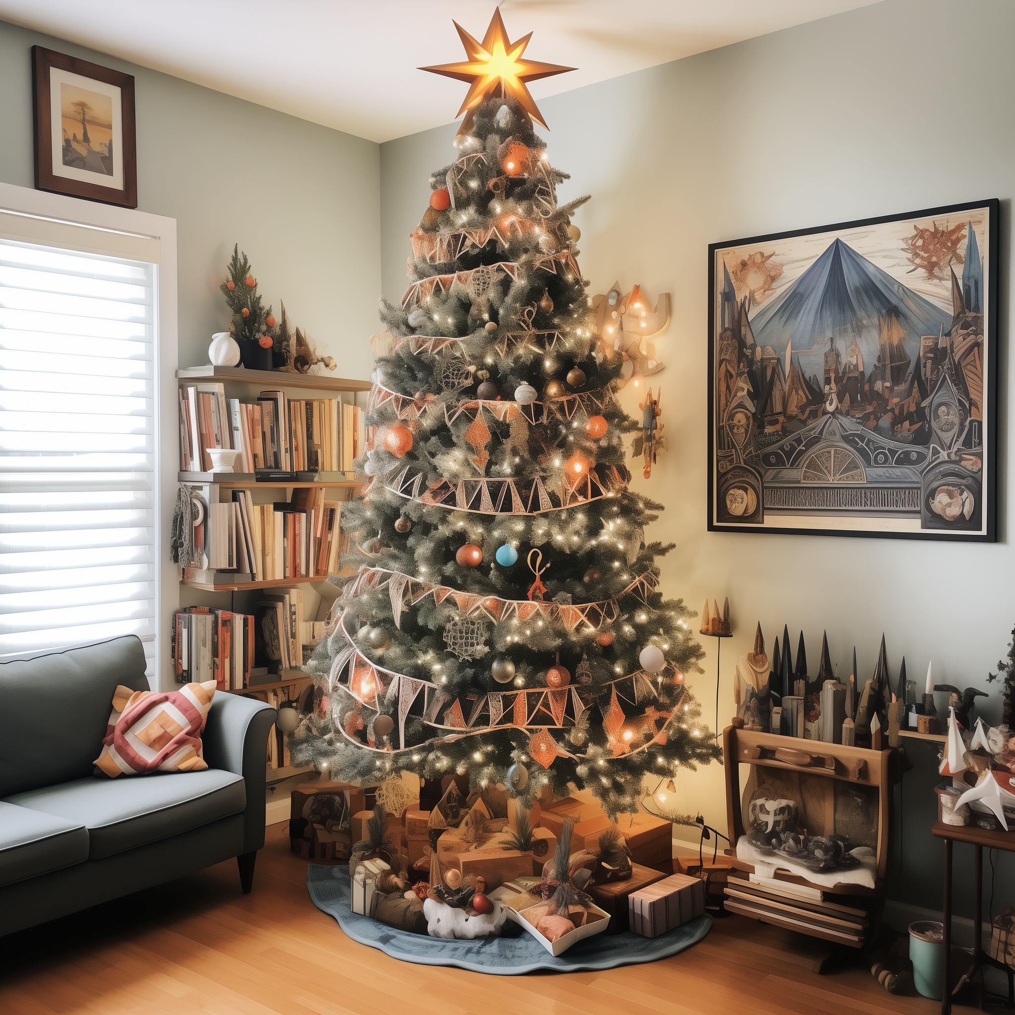 A Christmas tree near a bookshelf that&#x27;s covered in soft, warm lights, tiny ornaments, and a garland all around with a star topper and some small presents underneath it