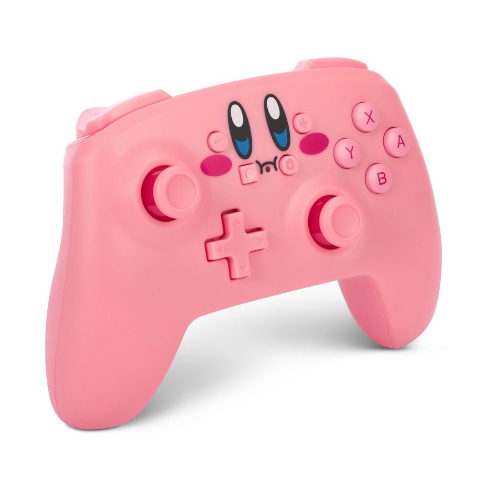 the controller that is all pink featuring Kirby&#x27;s eyes and cheeks so the controller looks like his body