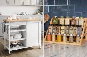 white kitchen island cart on wheels / the tiered wooden rack holding spice jars
