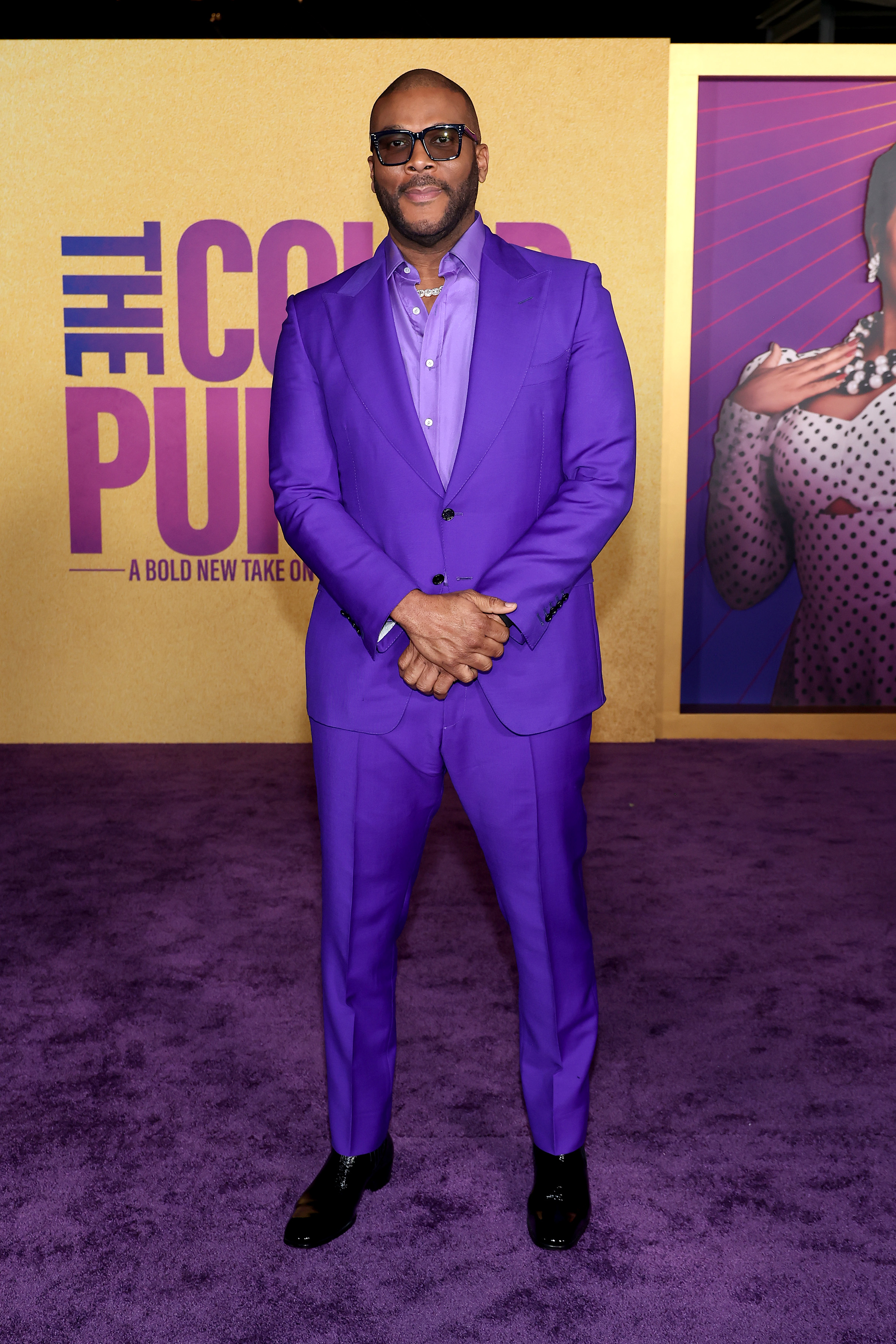 Tyler in a purple suit, no tie
