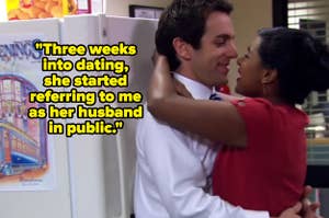 "Three weeks into dating, she started referring to me as her husband in public" over bj novak and mindy kaling embracing in the office