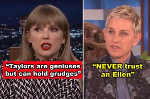 SIde-by-sides of Taylor Swift and Ellen DeGeneres being interviewed