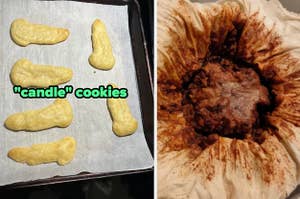 "candle cookies" over phallic shaped cookies and a nasty looking christmas pudding