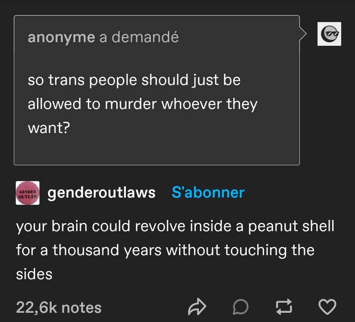 "So trans people should just be allowed to murder whoever they want?" "your brain could revolve inside a peanut shell for a thousand years without touching the sides"