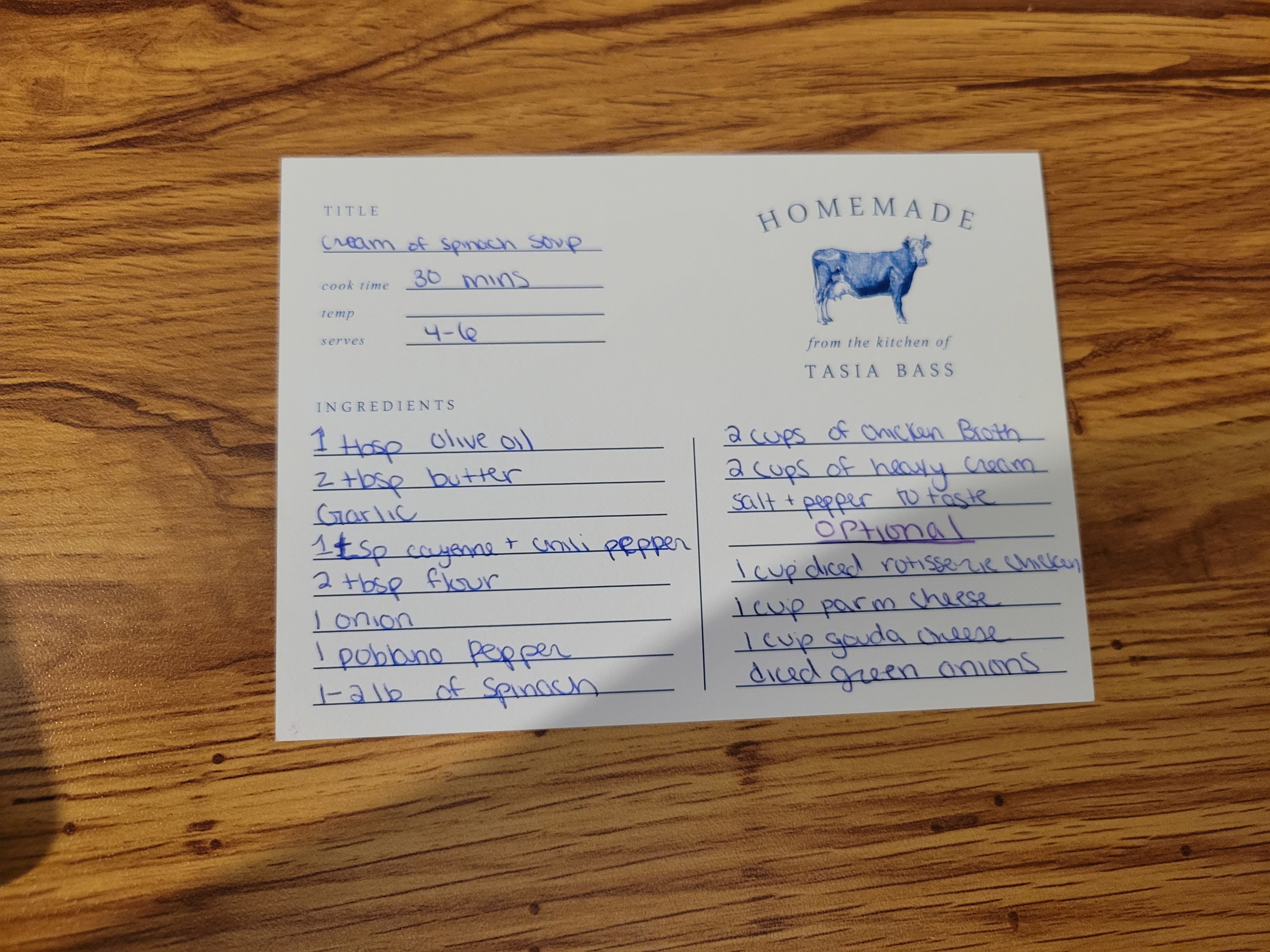 Recipe card for cream of spinach soup