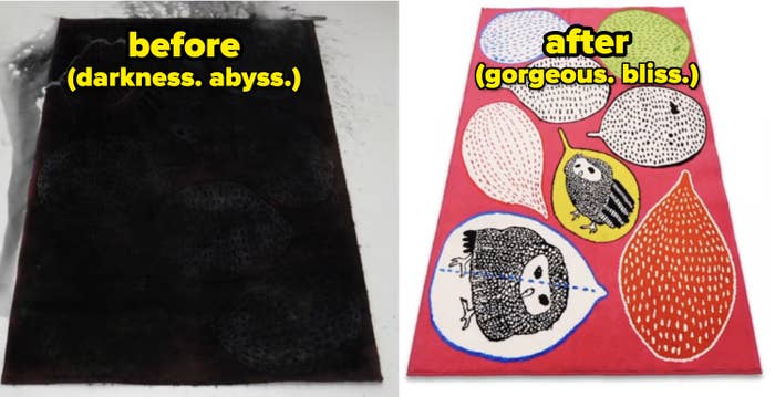 Before and after photos of a dirty and clean rug