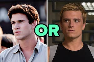 On the left, Liam Hemsworth as Gale in The Hunger Games, and on the right, Josh Hutcherson as Peeta in Catching Fire with or typed in between the two pictures