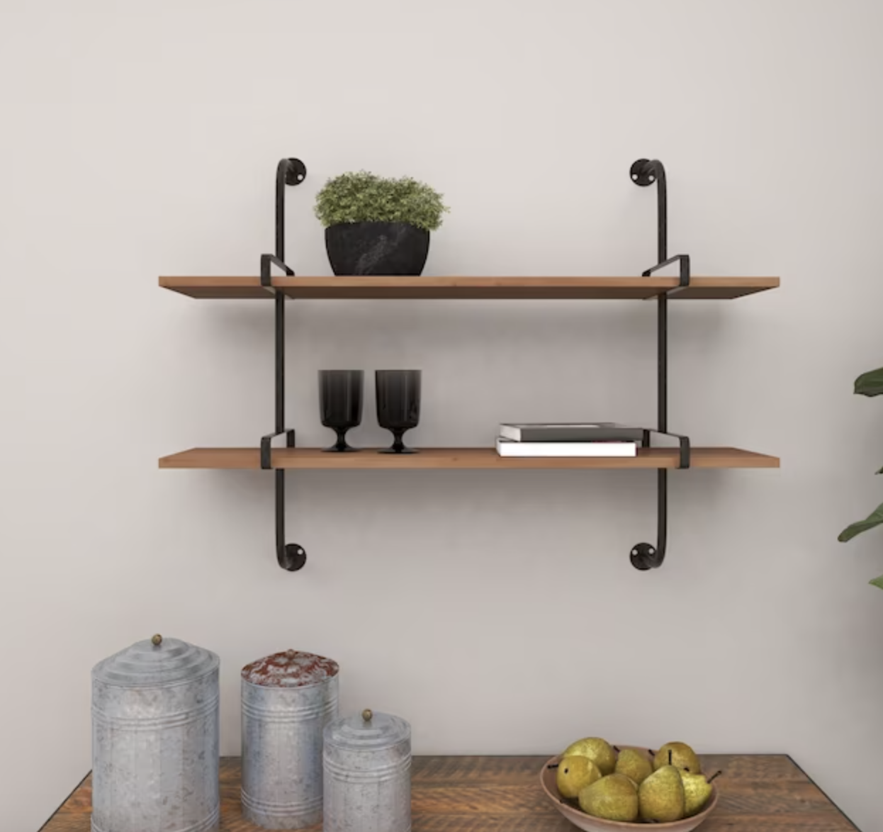 connected brown floating shelves in kitchen