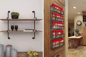 on left: brown floating shelves in kitchen. on right: spice rack storage on kitchen cabinet