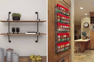 on left: brown floating shelves in kitchen. on right: spice rack storage on kitchen cabinet