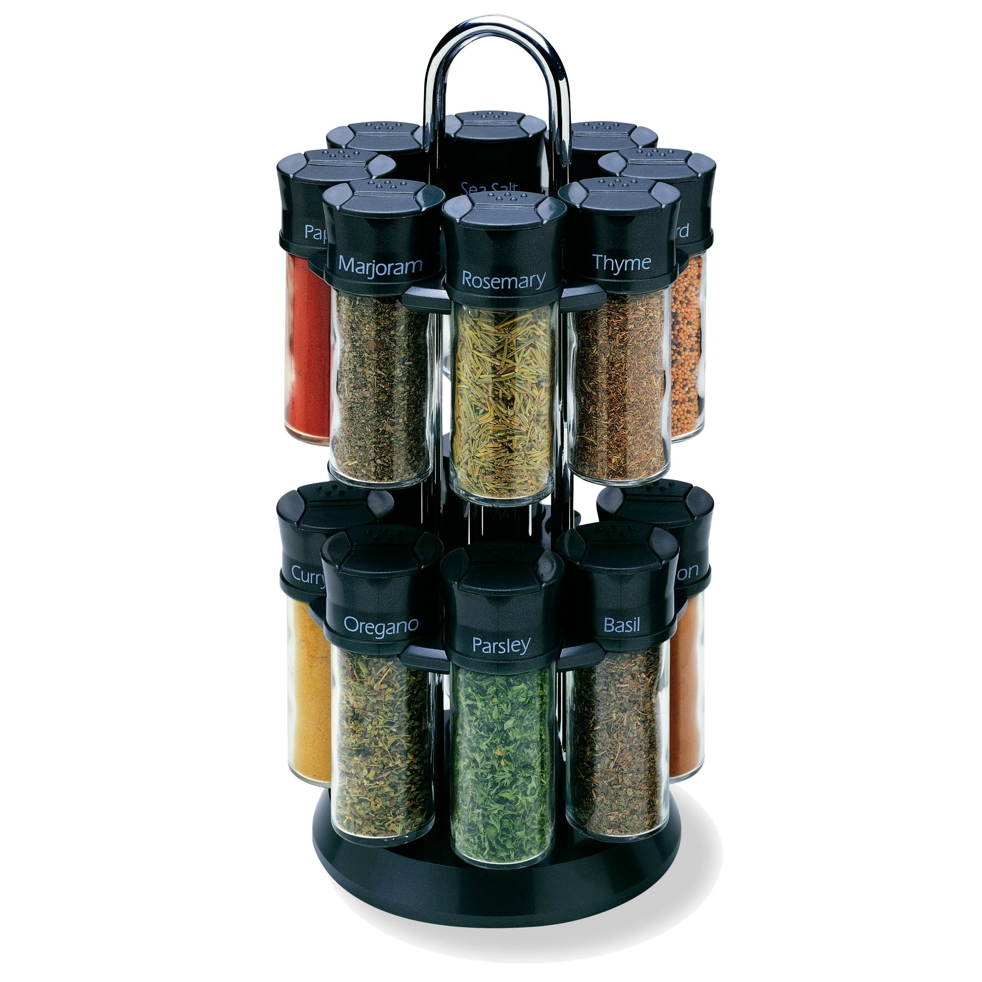 Spice rack with labeled jars for marjoram, rosemary, thyme, curry, oregano, parsley, and basil