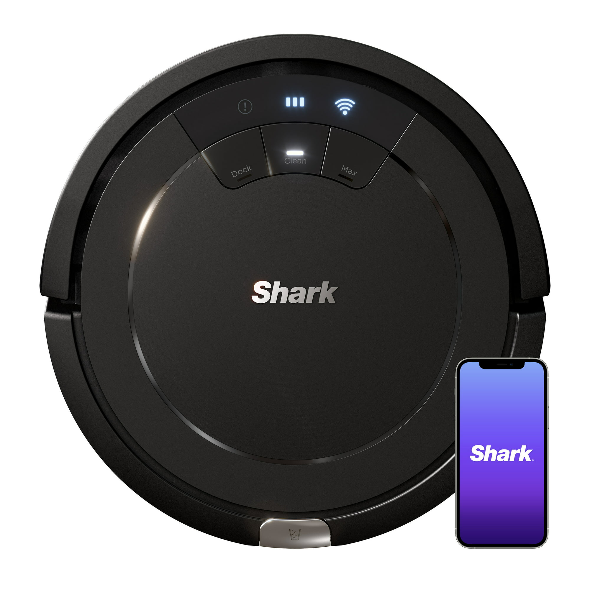 shark robot vacuum and phone showing compatible app
