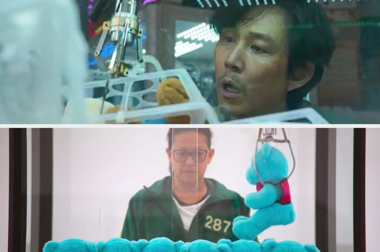 Contestant operating and watching a claw machine