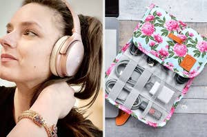 a person wearing rose gold over-ear headphones on the left and a floral cable organizer on the right