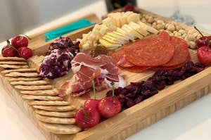 reviewer's meat cheese and fruit spread on the cheese board