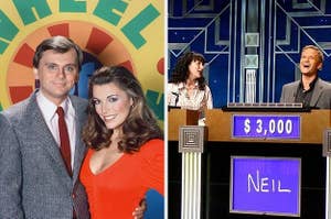 Pat and Vanna on Wheel of Fortune, two Jeopardy contestants