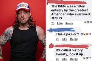 stereotypical american man with comments saying the bible was written by jesus, who was an american