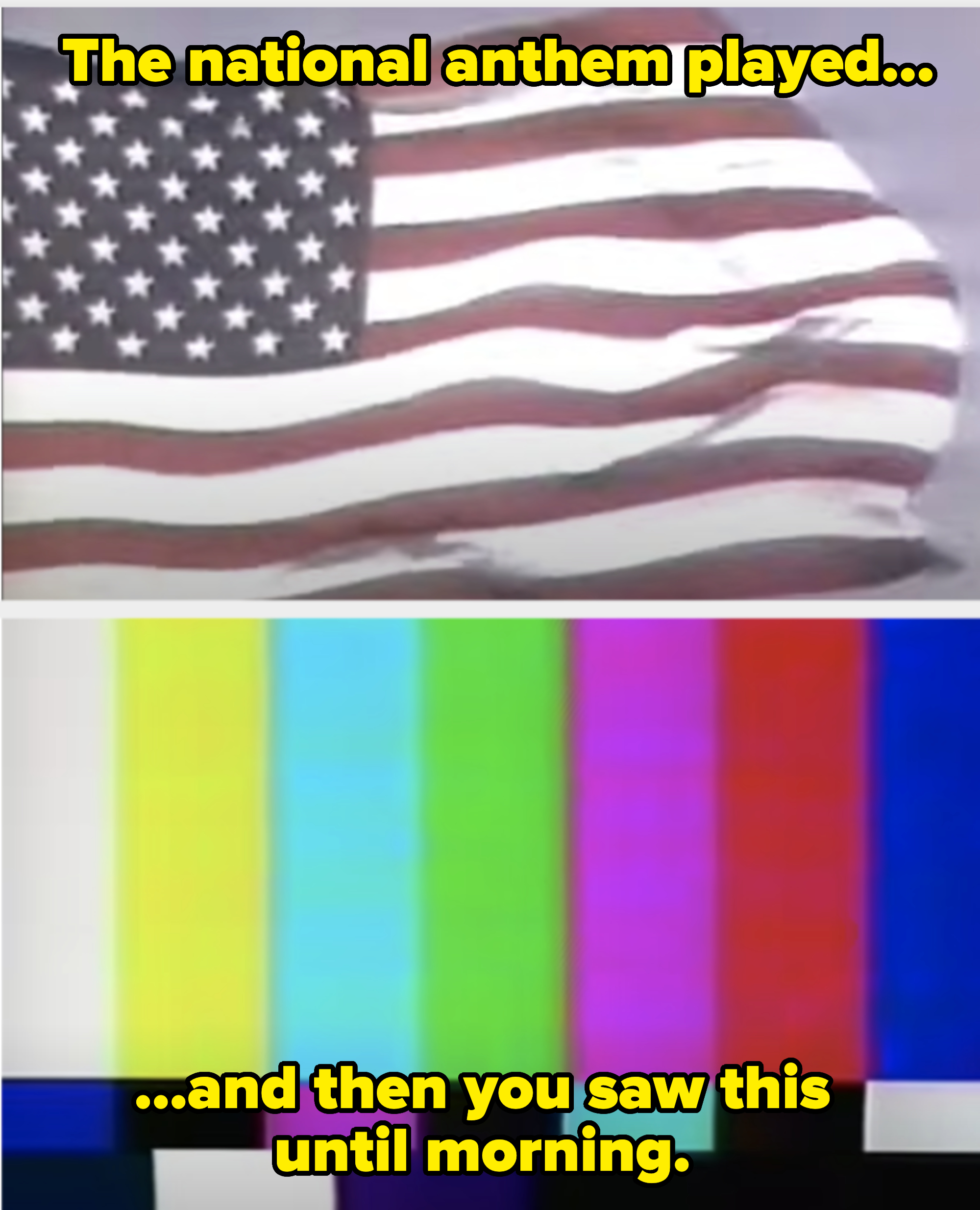 A television screen playing the national anthem and then going blank