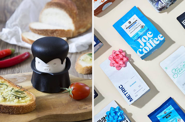 tot he left: a vampire-shaped garlic crusher, to the right: bags of coffee