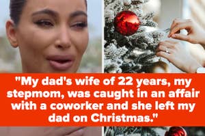 Kim Kardashian crying, and someone decorating a Christmas tree