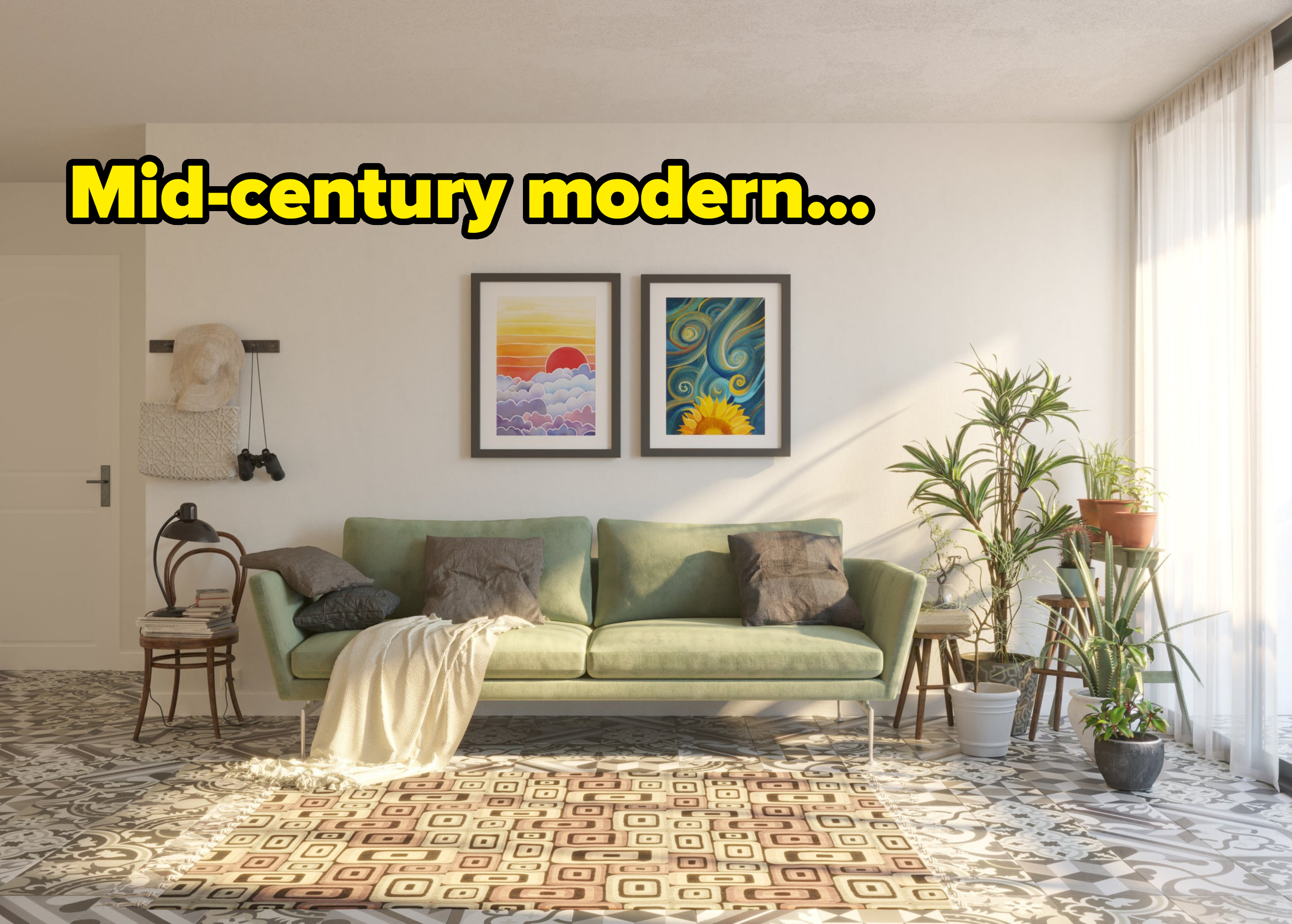 An example of mid-century modern, with a very clean, minimally styled living room showing a plain couch, throw rug, plants, and several small framed paintings
