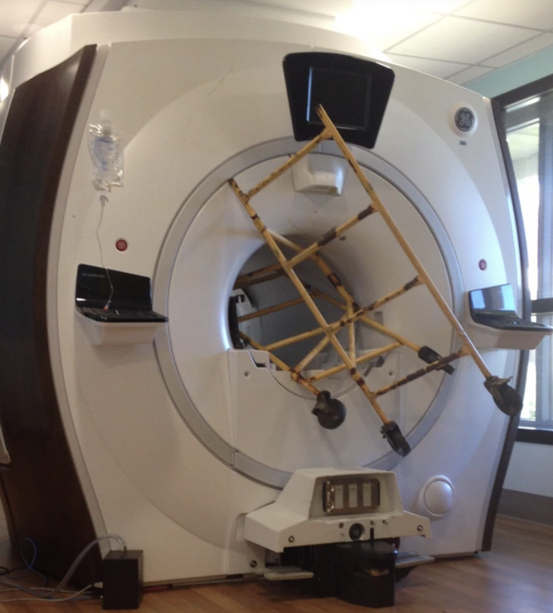 Scaffolding stuck inside an MRI machine at a hospital because of the magnetic force