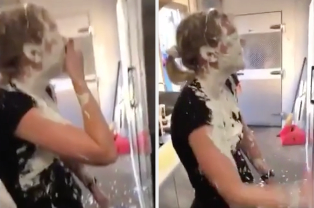 A person covered in ranch dressing all over their head and chest