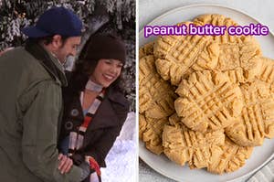 On the left, Luke and Lorelai from Gilmore Girls ice skating outside, and on the right, a plate of peanut butter cookies