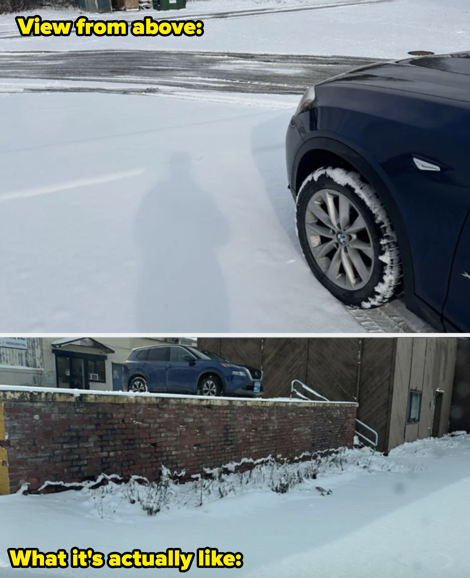 A snowy parking space at a dock with a drop-off that&#x27;s not visible from the top