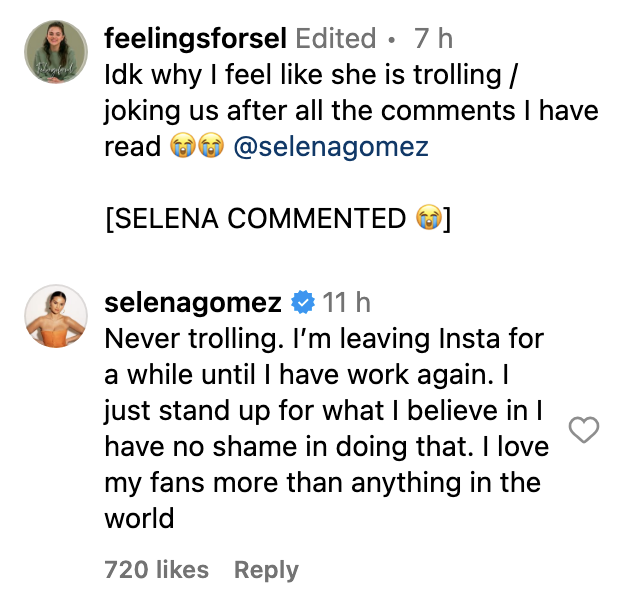 Screenshot of her comment