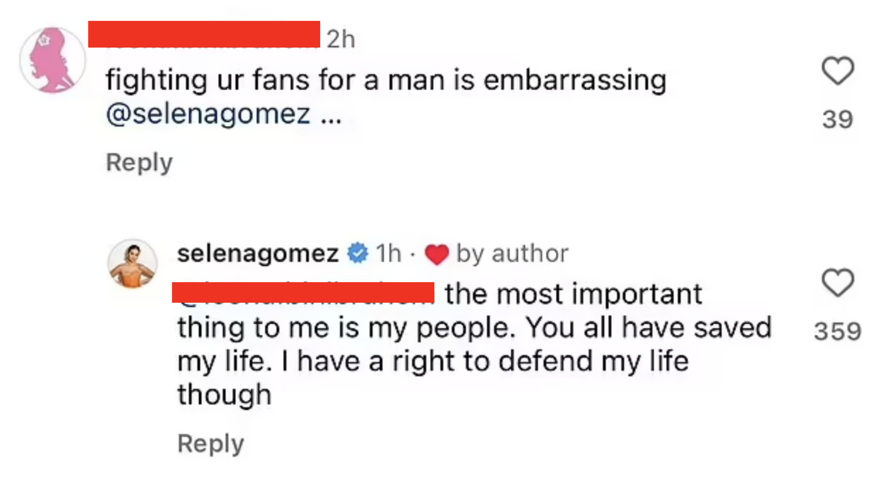 Selena: &quot;the most important thing to me is my people; you all have saved my life; I have a right to defend my life though&quot;