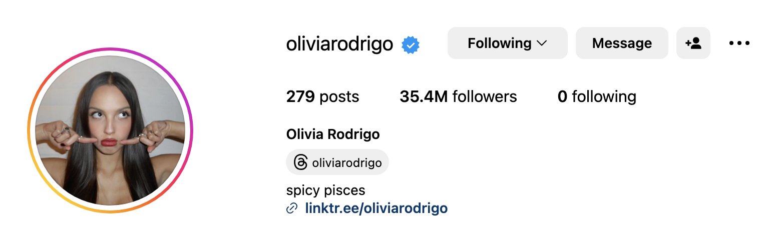 olivia&#x27;s profile showing she follows no one