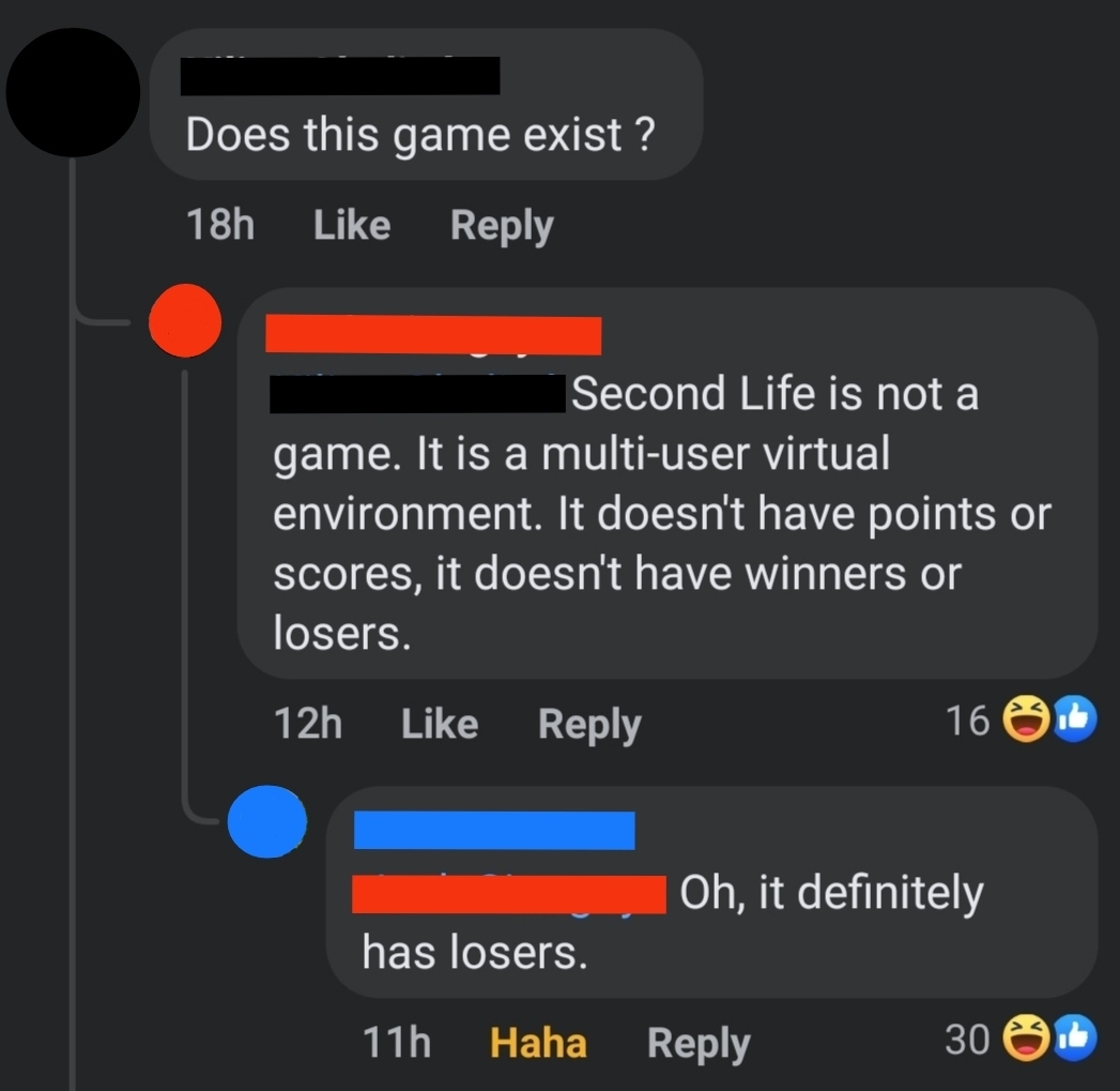 "Does this game exist?" "Second Life is not a game; it is a multi-user virtual environment; it doesn't have points or scores, it doesn't have winners or losers"; "Oh, it definitely has losers"