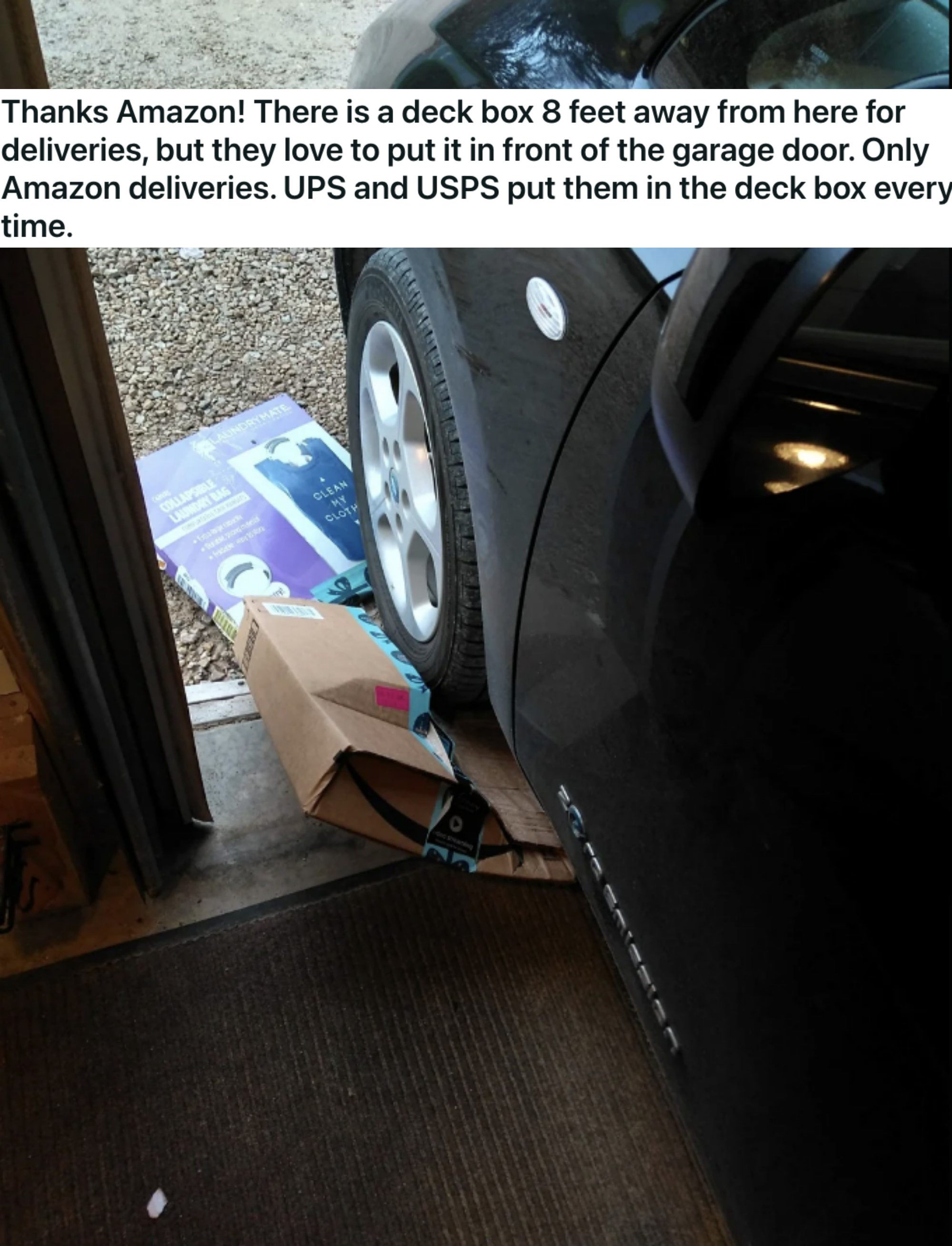a car&#x27;s tire running over some packages